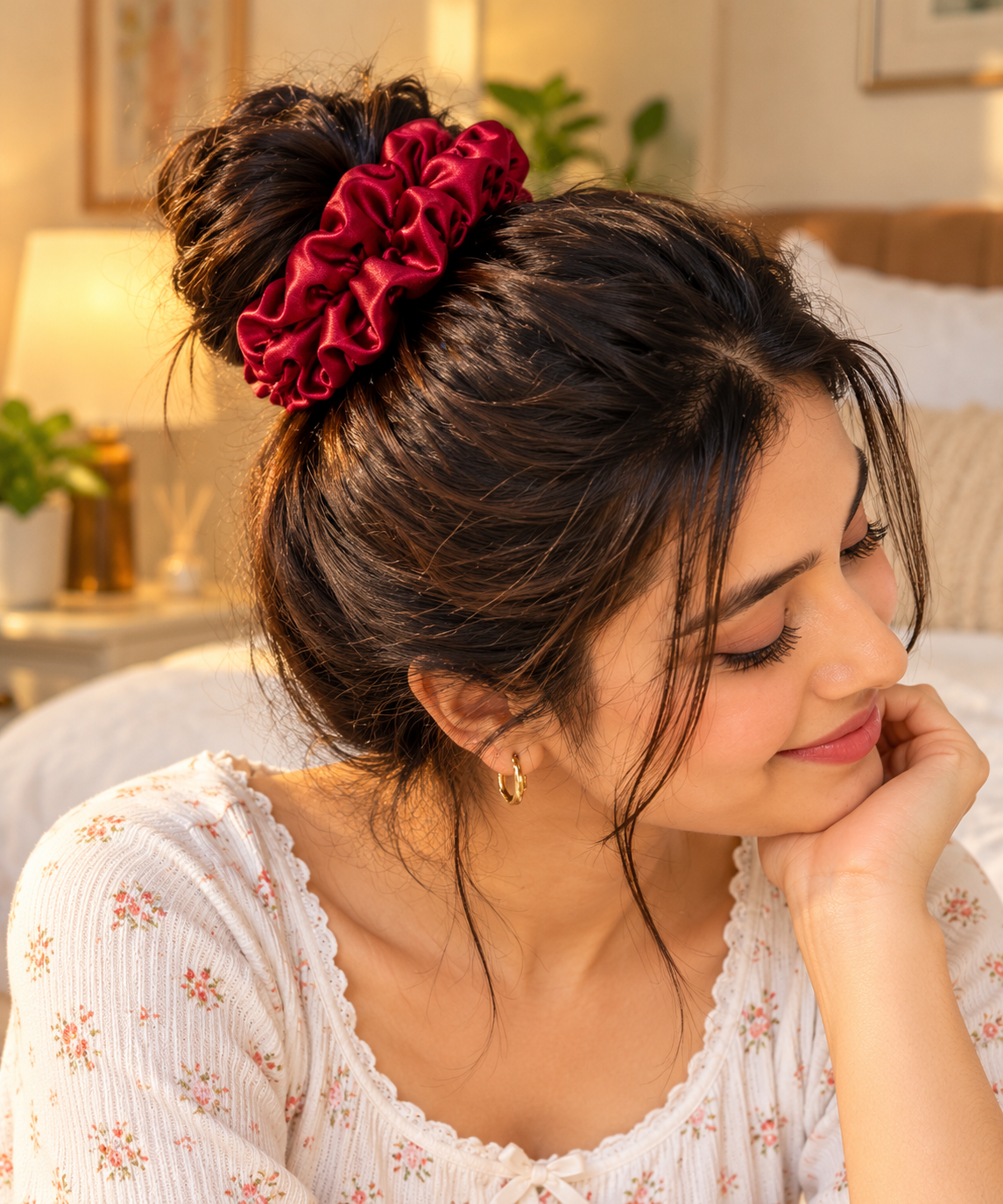 Woman styling her hair with a multicolor slim scrunchie
