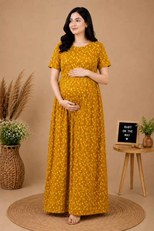 Zipless Cotton Maternity & Feeding Nightgown | Pregnancy | Mustard Floral