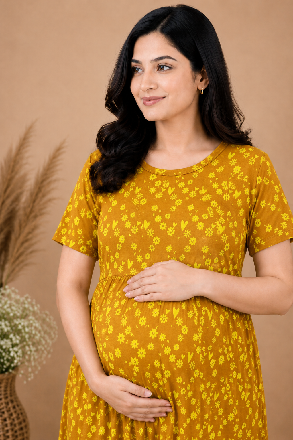 Zipless Cotton Maternity & Feeding Nightgown | Pregnancy | Mustard Floral