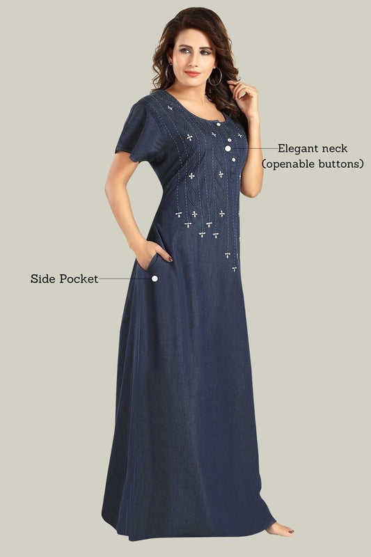 Jammies Haven Denim Nighty in Dark Blue with White Embroidery | Premium Nightgown | Short Sleeve | Side Pocket