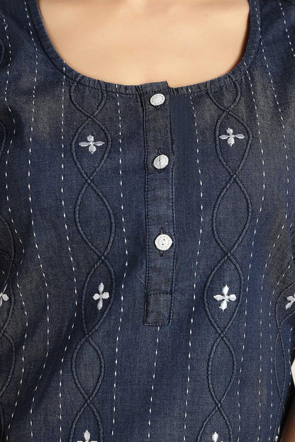 Jammies Haven Denim Nighty in Dark Blue with White Embroidery | Premium Nightgown | Short Sleeve | Side Pocket