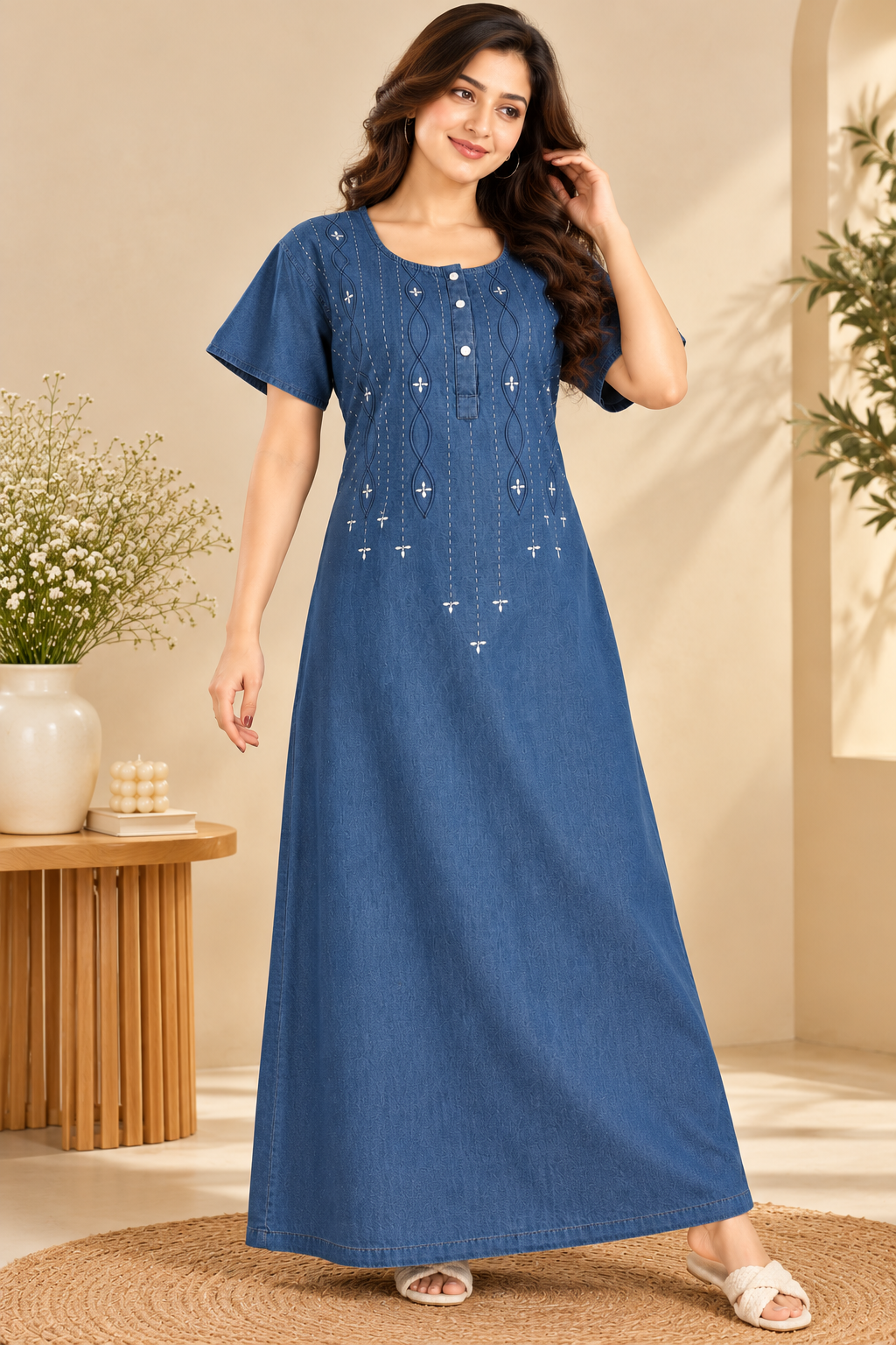 Women's Soft Cotton Denim Nighty with White Embroidery | Light Blue