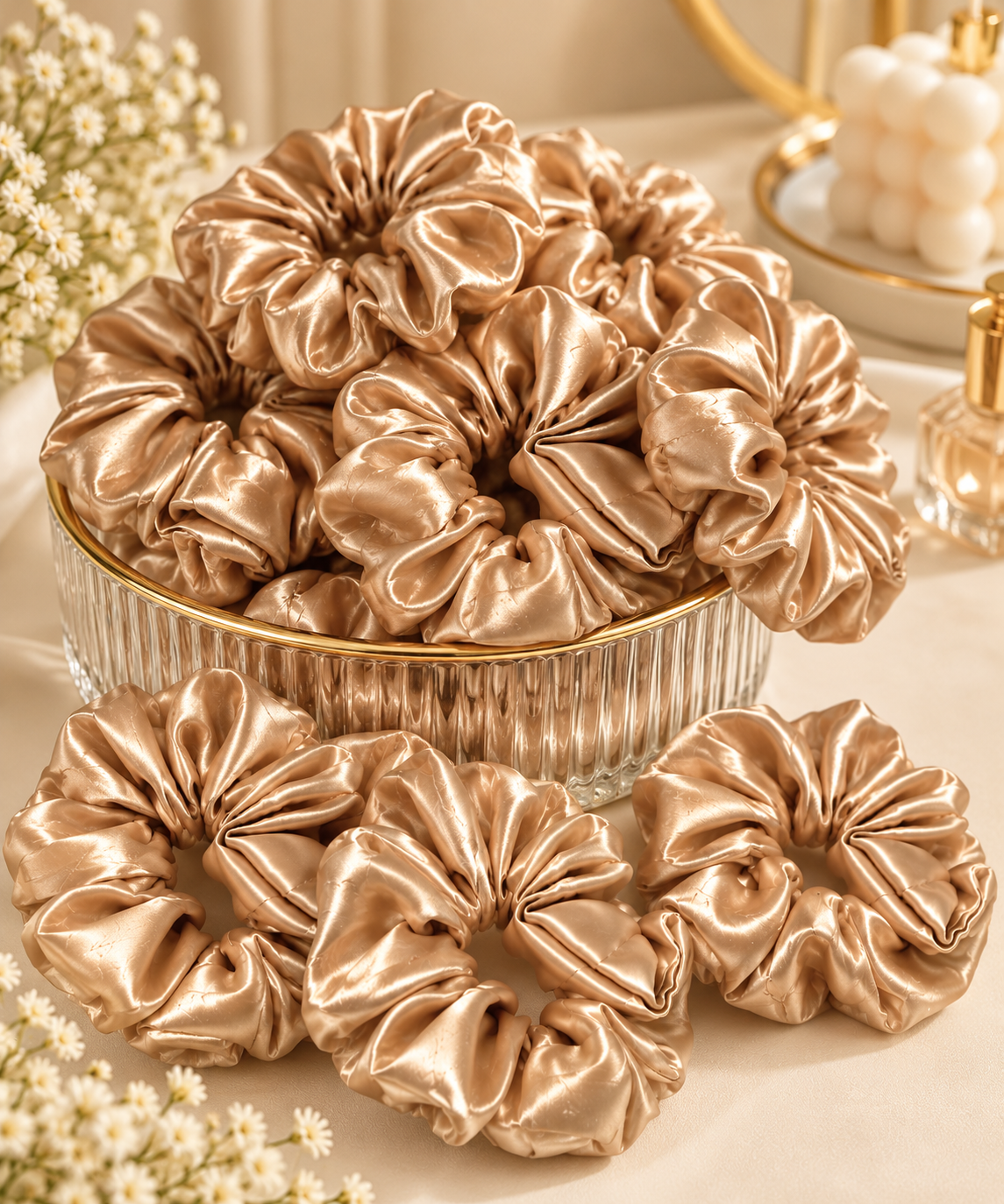 Champagne gold satin hair scrunchies styled in a glass bowl with elegant beige decor