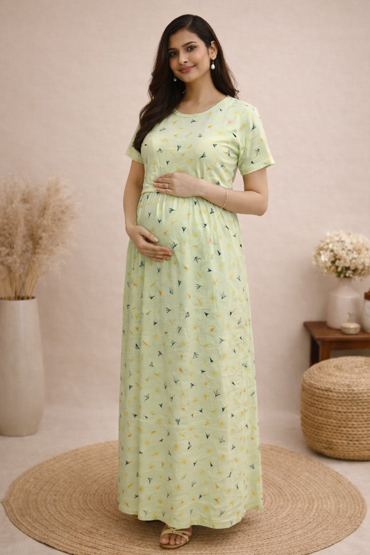 Zipless Cotton Maternity & Feeding Nightgown | Pregnancy Nighty | Radiant Green