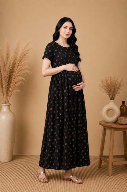 Zipless Cotton Maternity & Feeding Nightgown | Pregnancy | Black