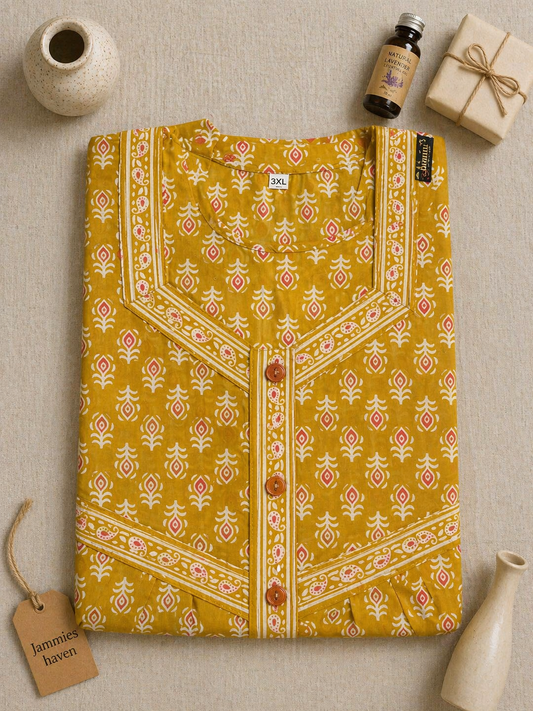 Cotton Nighty for Women in Yellow Buti Print Ladies Nightdress | 3XL
