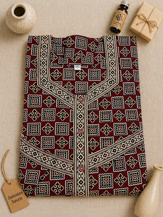 Cotton Nighty for Women Red Print Ladies Nightdress | 3XL