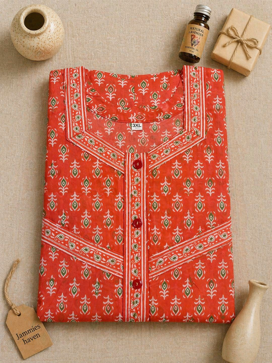 Cotton Nighty for Women in Orange Buti Print Ladies Nightdress | 3XL