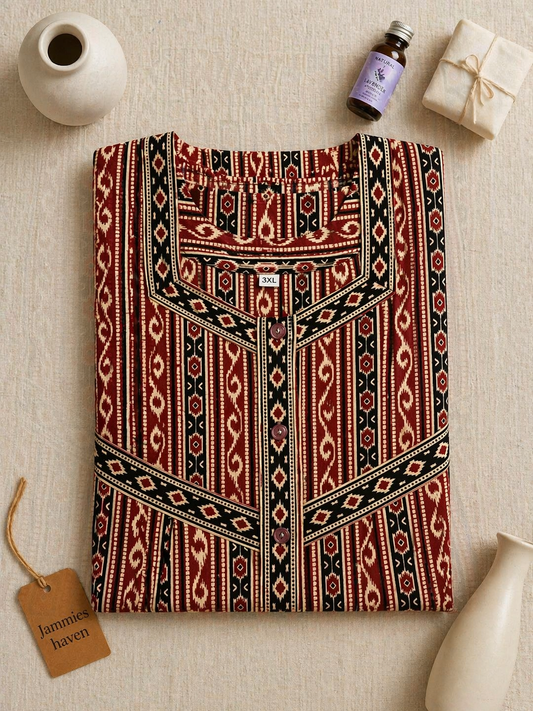 Cotton Nighty for Women in Geometric Red Ladies Nightdress | 3XL
