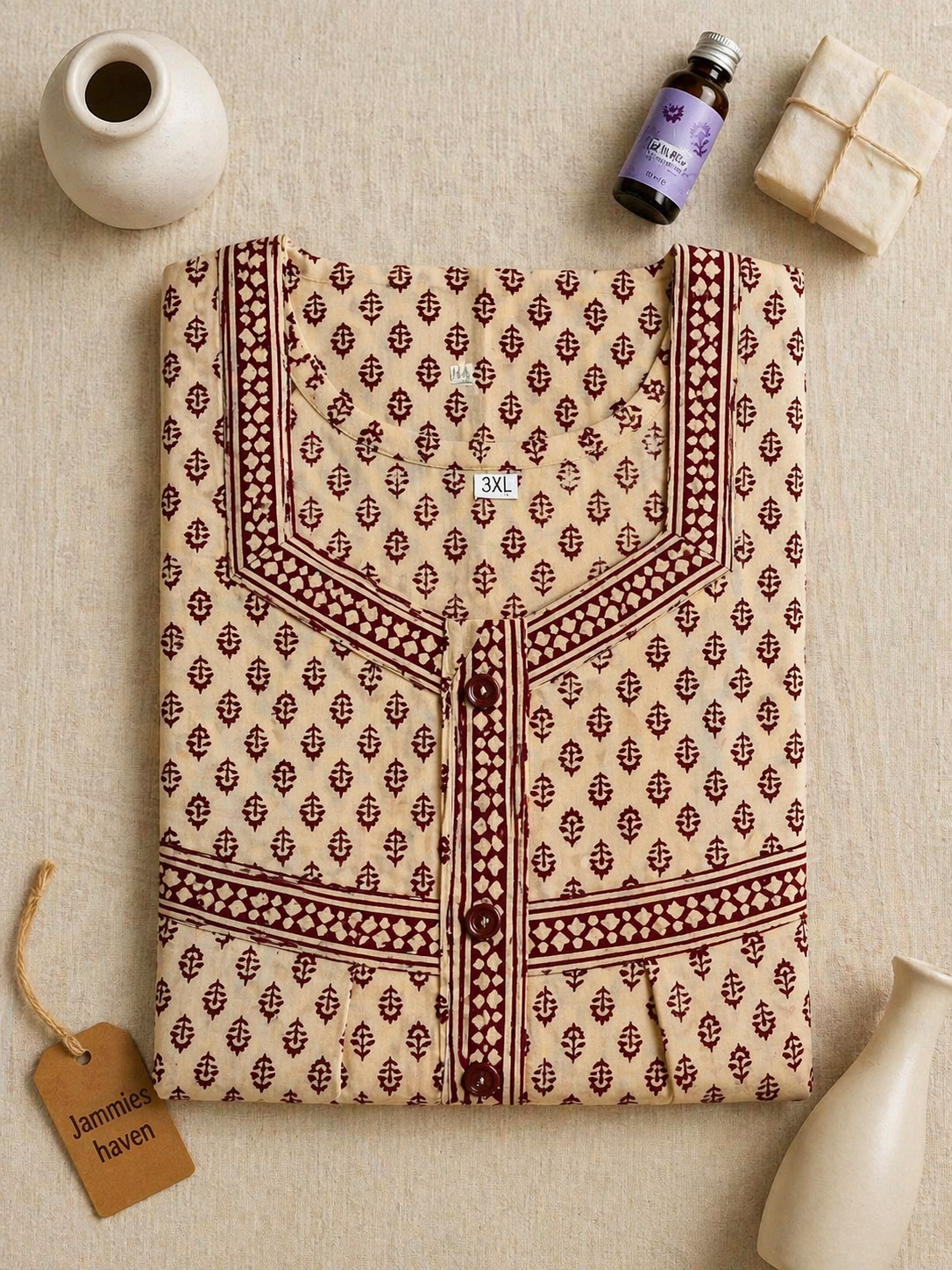 Cotton Nighty for Women in Cream Buti Print Ladies Nightdress | 3XL