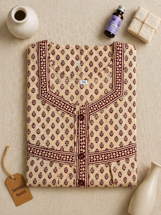 Cotton Nighty for Women in Cream Buti Print Ladies Nightdress | 3XL