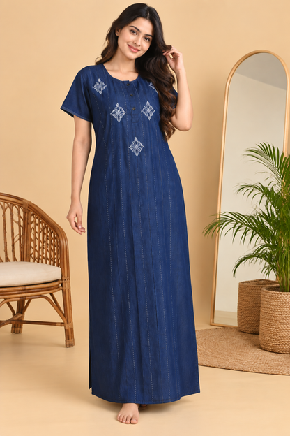 Dark blue cotton denim nighty for women with white embroidery, short sleeves and maxi length – Jammies Haven