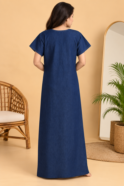 Women's Soft Cotton Denim Nighty in Dark Blue with White Embroidery | Jammies Haven