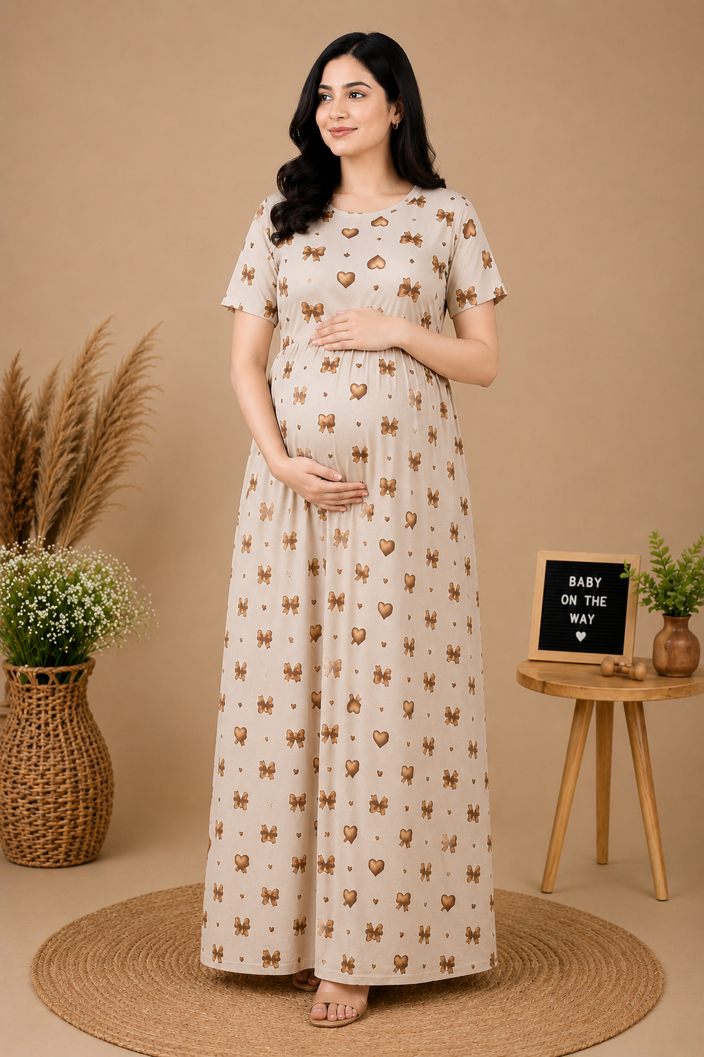 Zipless Cotton Maternity & Feeding Nightgown | Pregnancy | Beige Bow