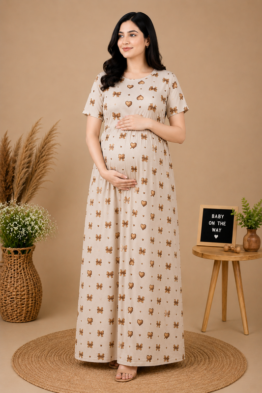 Zipless Cotton Maternity & Feeding Nightgown | Pregnancy | Beige Bow