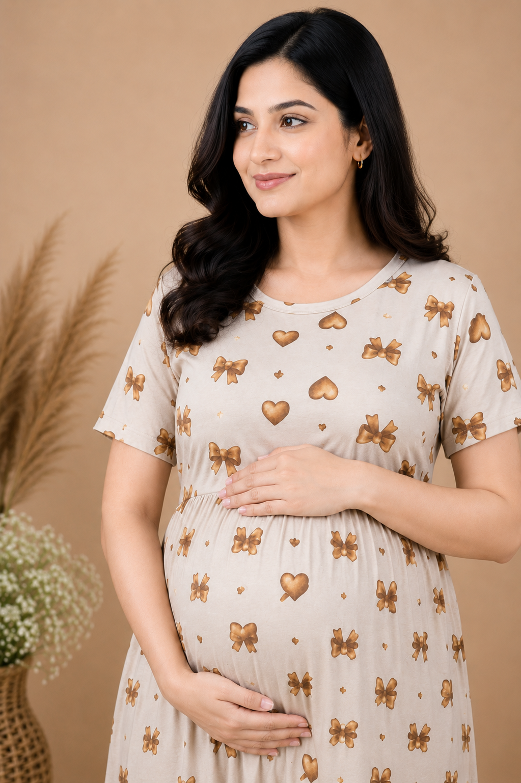 Zipless Cotton Maternity & Feeding Nightgown | Pregnancy | Beige Bow