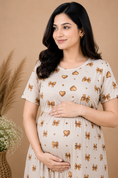 Zipless Cotton Maternity & Feeding Nightgown | Pregnancy | Beige Bow