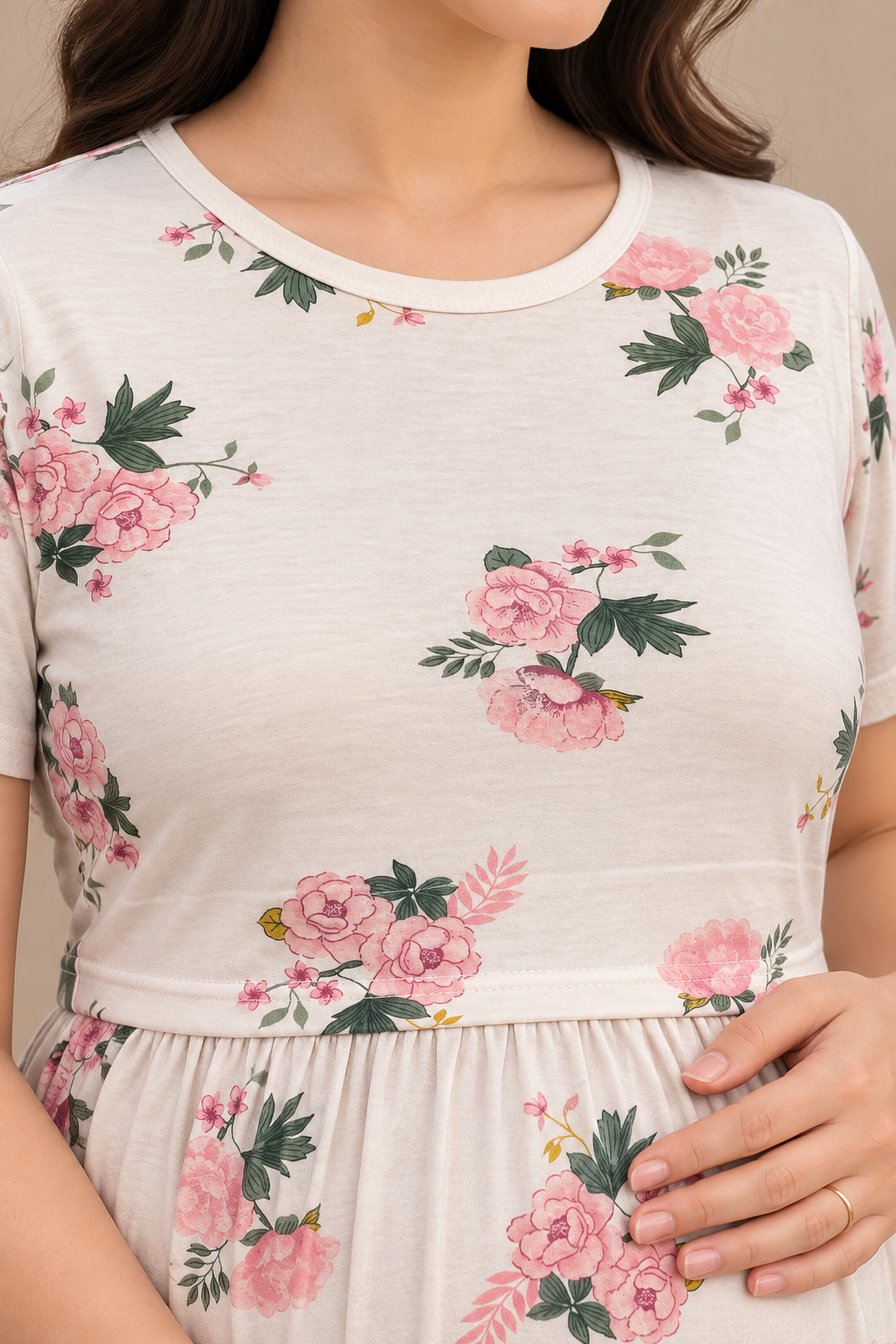 Zipless Cotton Maternity & Feeding Nightgown | Pregnancy | Beige Floral