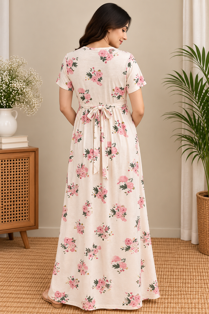 Zipless Cotton Maternity & Feeding Nightgown | Pregnancy | Beige Floral