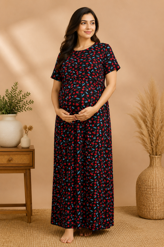 Zipless Cotton Maternity & Feeding Nightgown | Pregnancy | Cherry Black