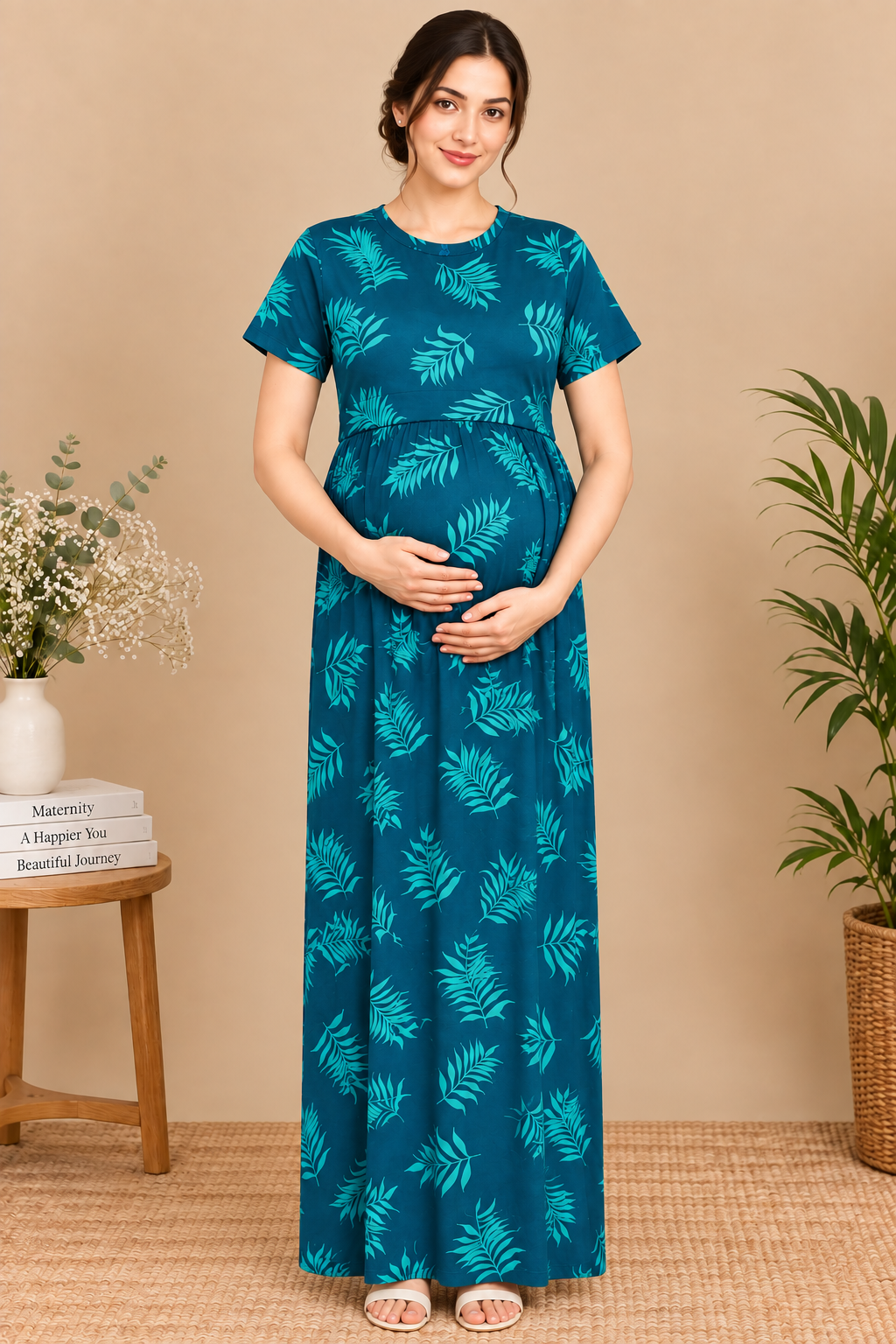 Zipless Cotton Maternity & Feeding Nightgown | Pregnancy | Teal