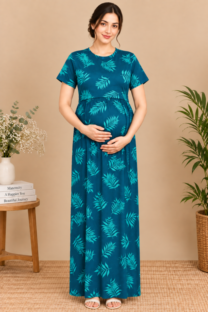 Zipless Cotton Maternity & Feeding Nightgown | Pregnancy | Teal