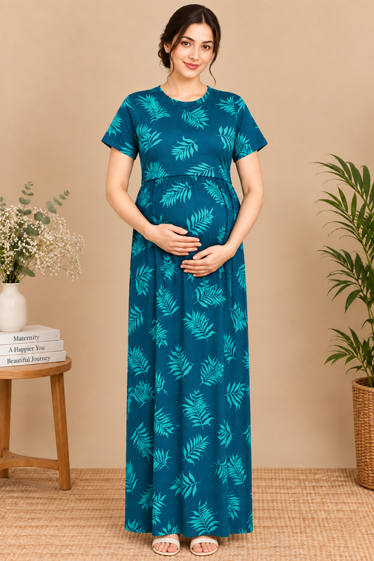 Zipless Cotton Maternity & Feeding Nightgown | Pregnancy | Teal