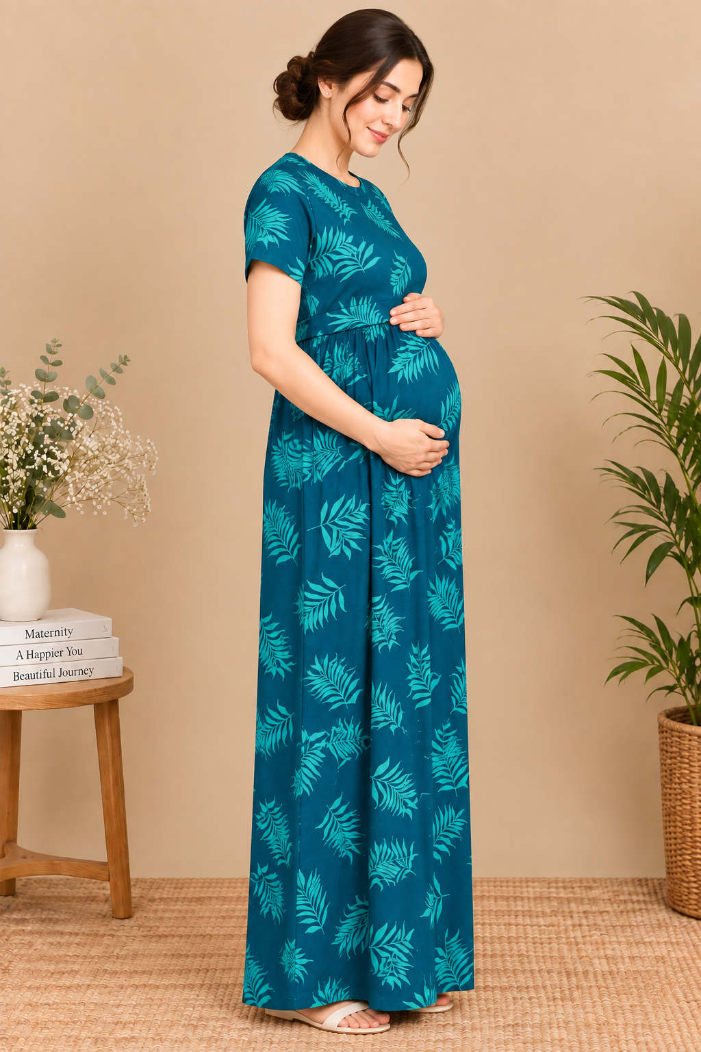 Zipless Cotton Maternity & Feeding Nightgown | Pregnancy | Teal