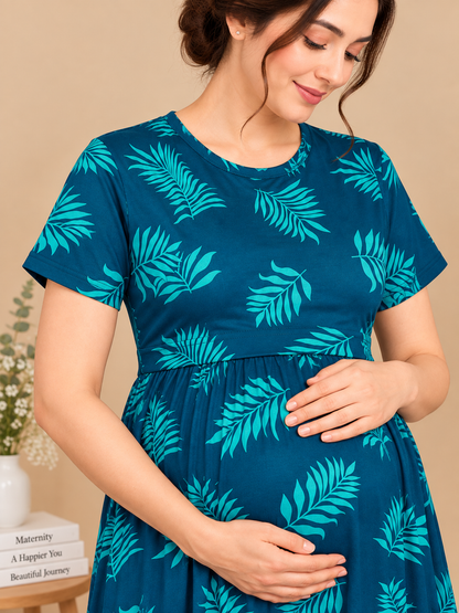 Zipless Cotton Maternity & Feeding Nightgown | Pregnancy | Teal