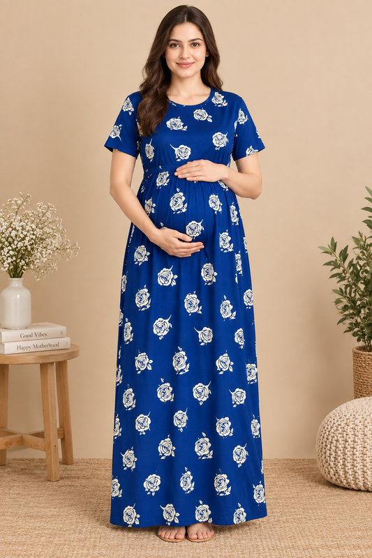 Zipless Cotton Maternity & Feeding Nightgown | Pregnancy | Royal Blue