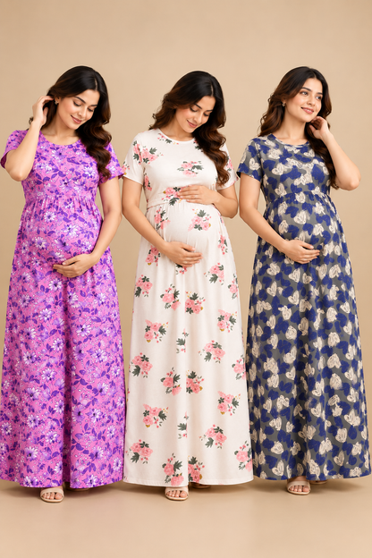 Zipless Cotton Maternity & Feeding Nightgown (Pack of 3) Combo Offer
