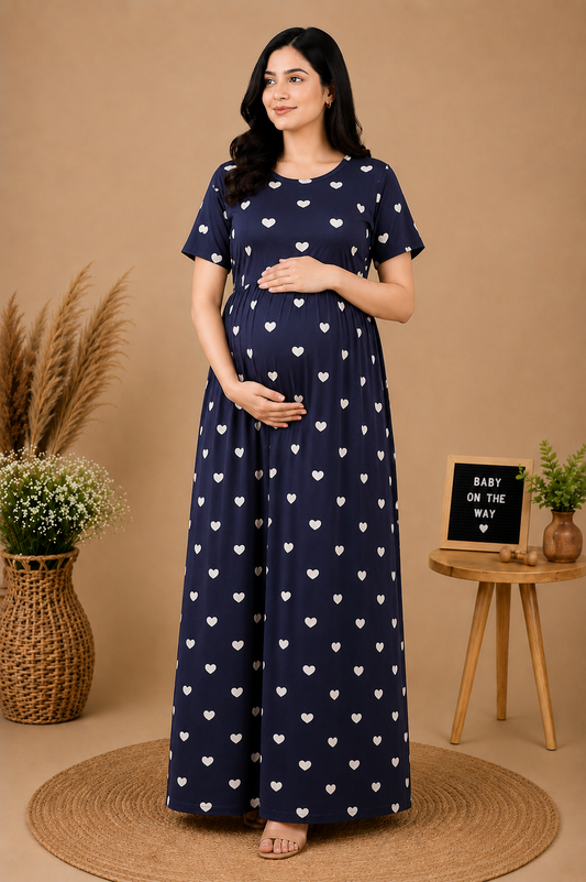 Zipless Cotton Maternity & Feeding Nightgown | Pregnancy | Navy Blue Heart