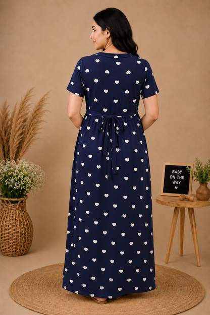 Zipless Cotton Maternity & Feeding Nightgown | Pregnancy | Navy Blue Heart