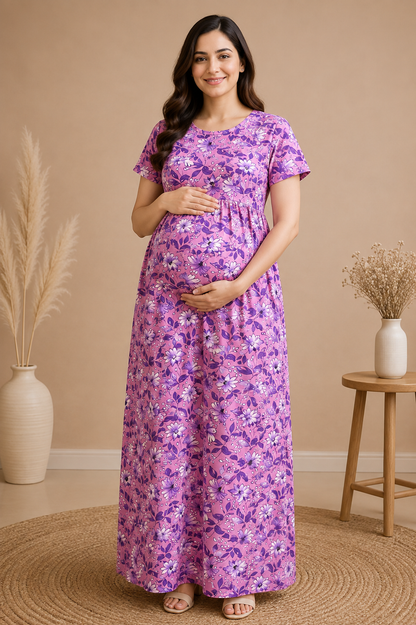Zipless Cotton Maternity & Feeding Nightgown | Pregnancy | Pink Floral