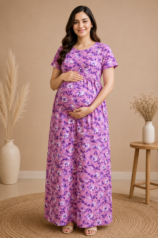 Zipless Cotton Maternity & Feeding Nightgown | Pregnancy | Pink Floral