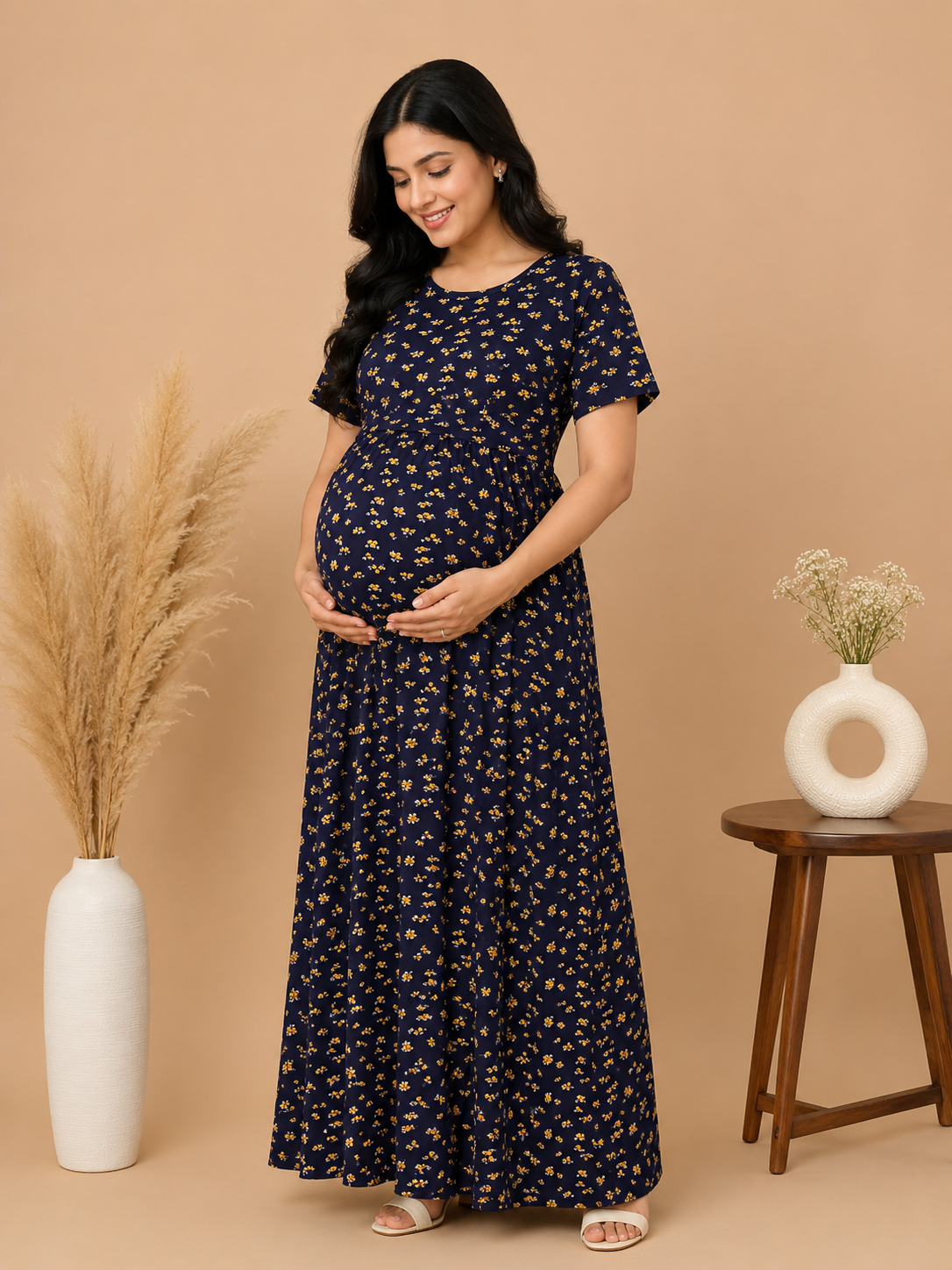 Zipless Cotton Maternity & Feeding Nightgown | Pregnancy Nighty | Blue Floral