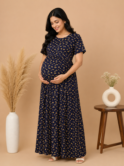 Zipless Cotton Maternity & Feeding Nightgown | Pregnancy Nighty | Blue Floral