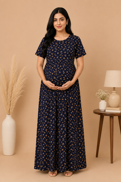 Zipless Cotton Maternity & Feeding Nightgown | Pregnancy Nighty | Blue Floral