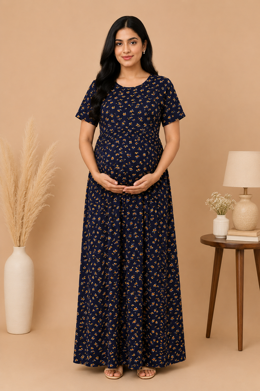 Zipless Cotton Maternity & Feeding Nightgown | Pregnancy Nighty | Blue Floral