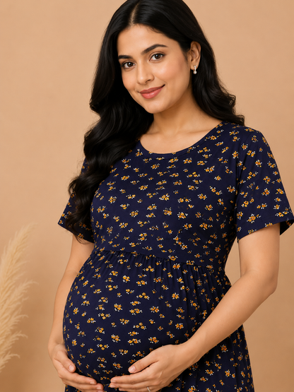 Zipless Cotton Maternity & Feeding Nightgown | Pregnancy Nighty | Blue Floral