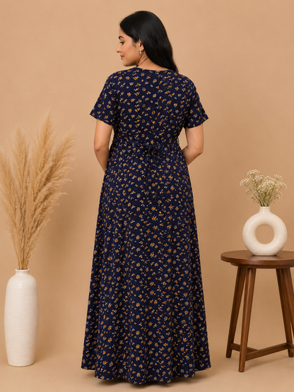 Zipless Cotton Maternity & Feeding Nightgown | Pregnancy Nighty | Blue Floral