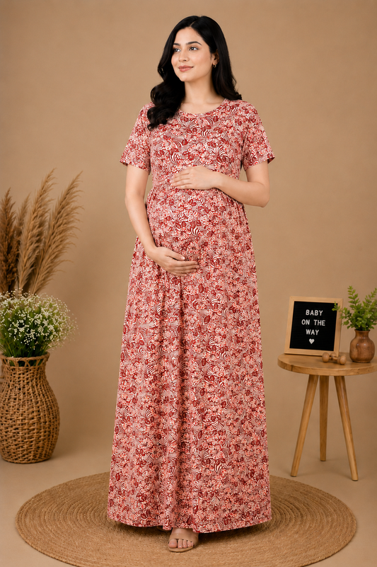 Zipless Cotton Maternity & Feeding Nightgown | Pregnancy | Coral