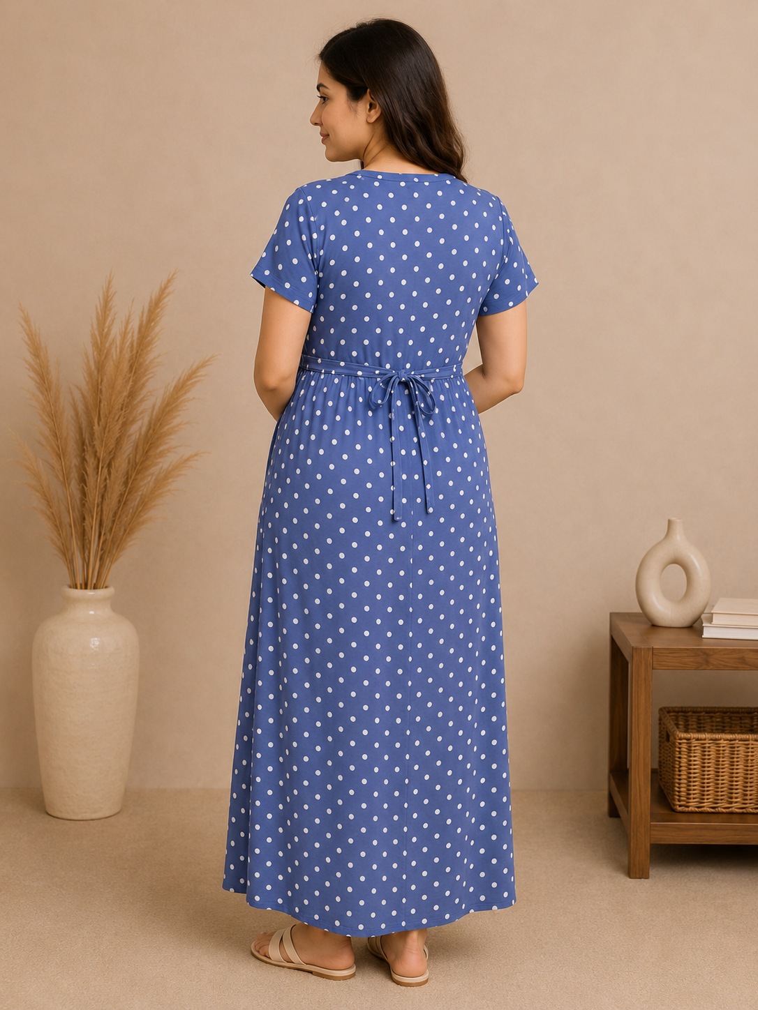 Zipless Cotton Maternity & Feeding Nightgown | Pregnancy | Polka Blue