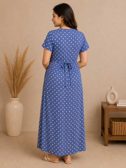Zipless Cotton Maternity & Feeding Nightgown | Pregnancy | Polka Blue