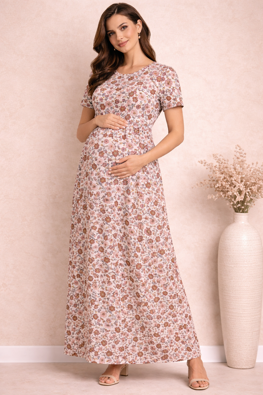Zipless Cotton Maternity & Feeding Nightgown | Pregnancy Nighty | WhiteFloral