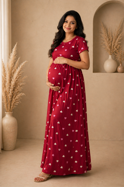 Zipless Cotton Maternity & Feeding Nightgown | Pregnancy Nighty | Maroon Heart