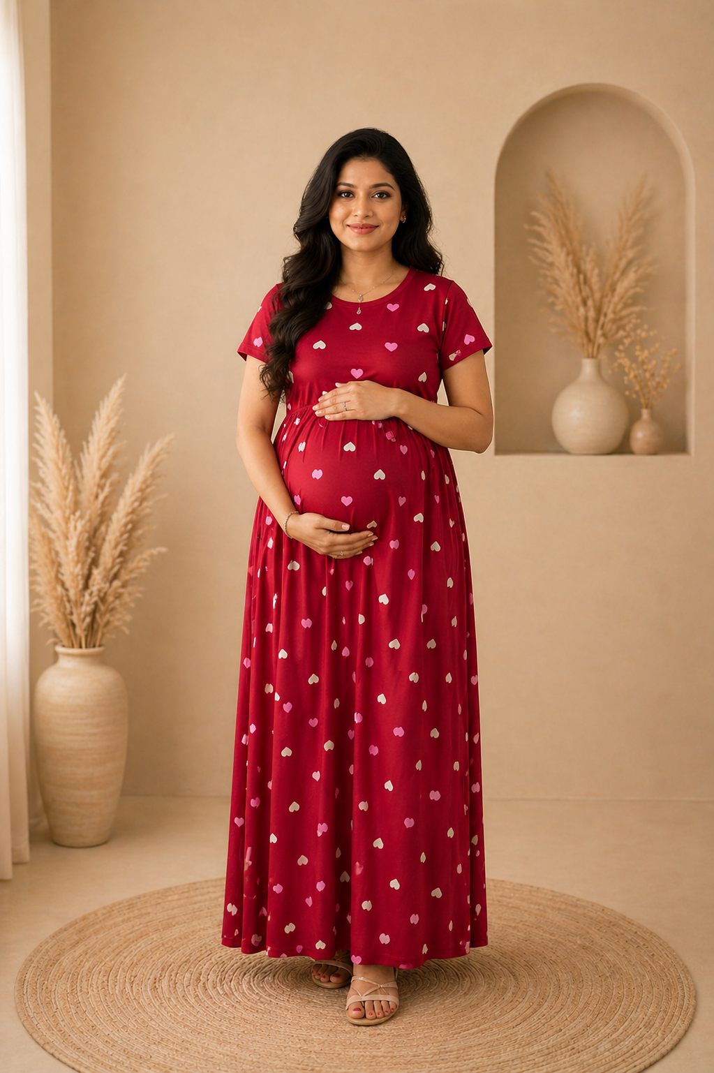 Zipless Cotton Maternity & Feeding Nightgown | Pregnancy Nighty | Maroon Heart