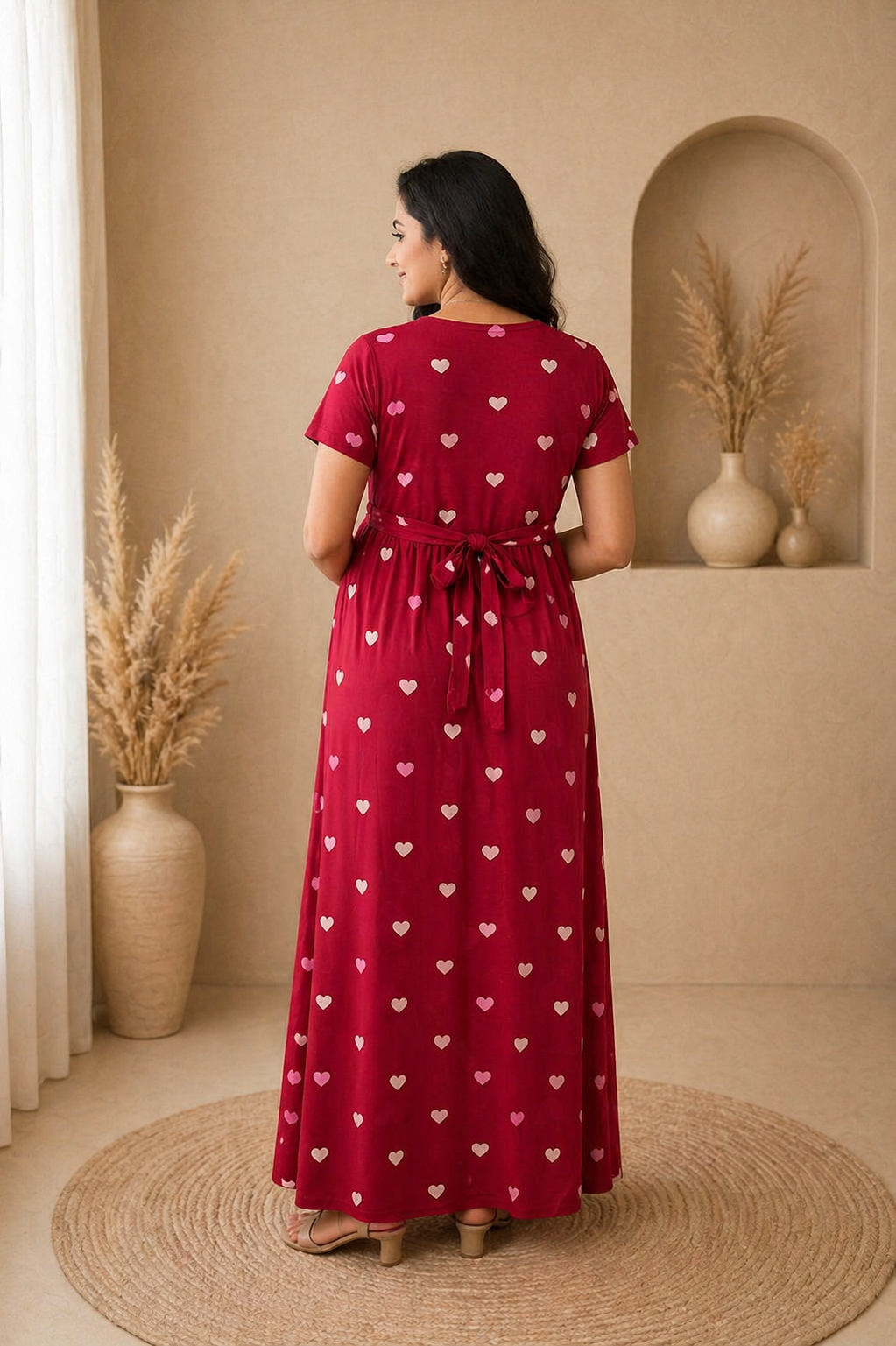 Zipless Cotton Maternity & Feeding Nightgown | Pregnancy Nighty | Maroon Heart
