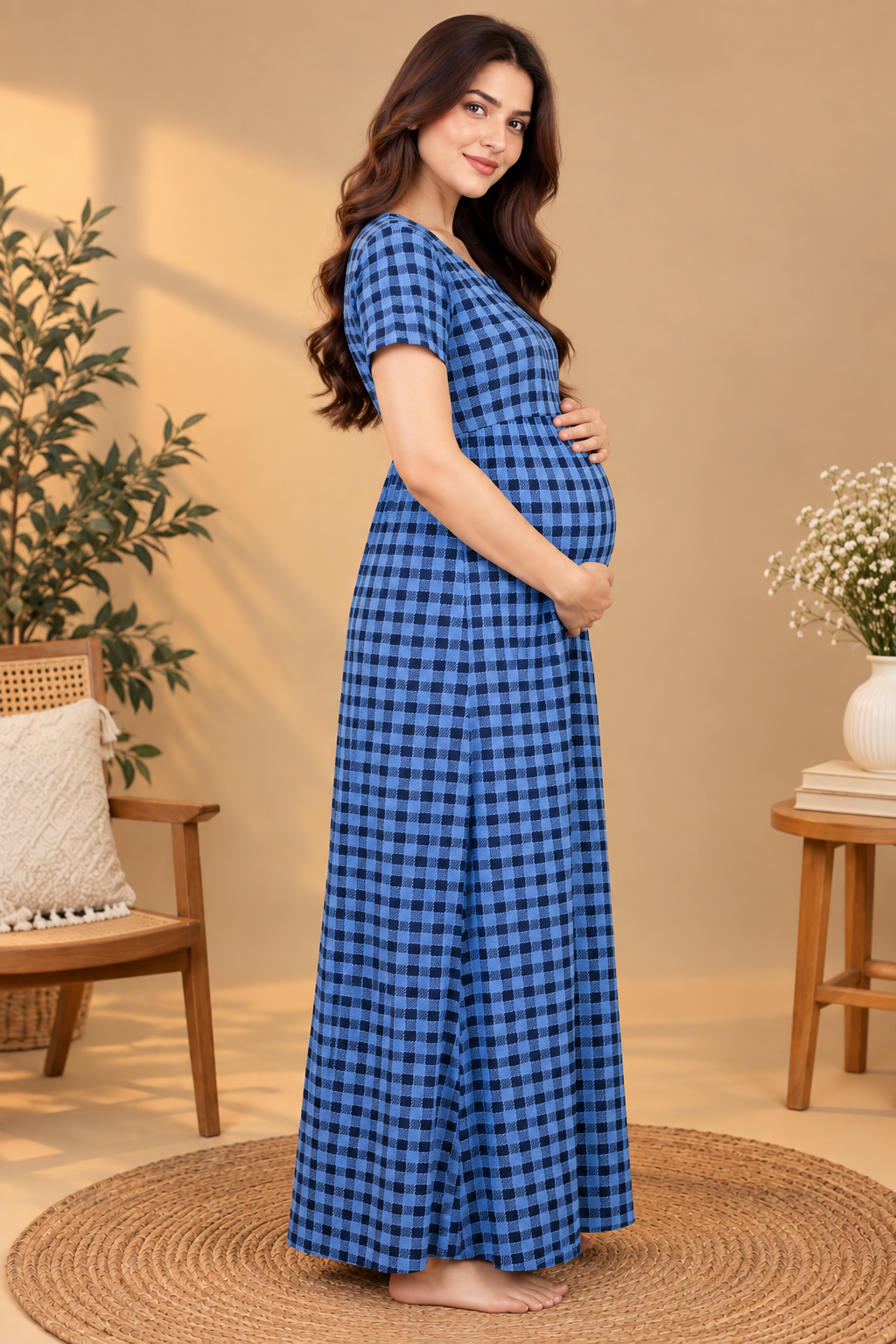 Side view of blue checked maternity feeding nighty