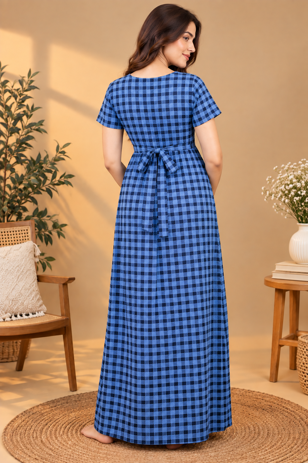 Back view of blue checked maternity nighty